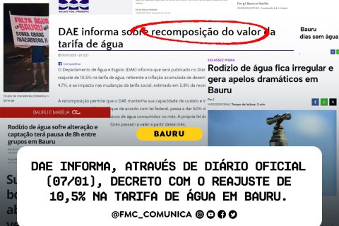 AUMENTO DE 10,5% NA TARIFA DO DAE EM BAURU GERA INDIGNAÇÃO